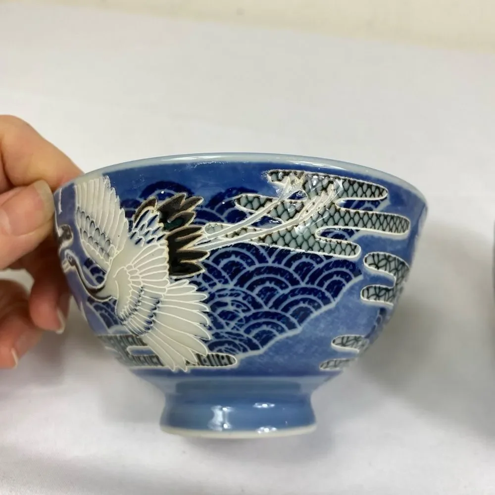 2 Mino Wear Japanese Ceramic Rice Bowls (2 ) Flying Blue Crane